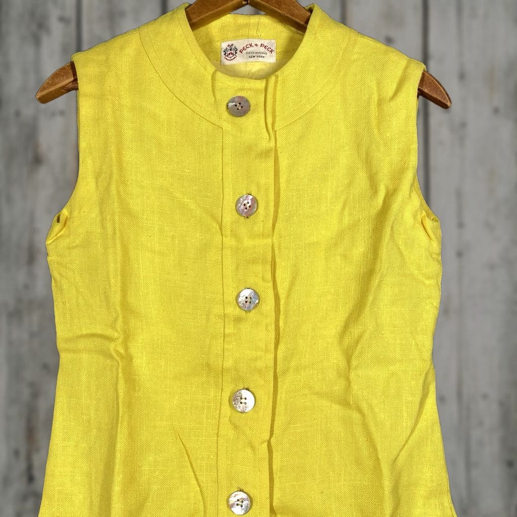 Vintage VINTAGE Peck & Peck Linen Jumpsuit Shirt Dress Mod GoGo 60s Yellow 1960s 13 Adult? Size 34" / US 12 / IT 48 - 1 Thumbnail