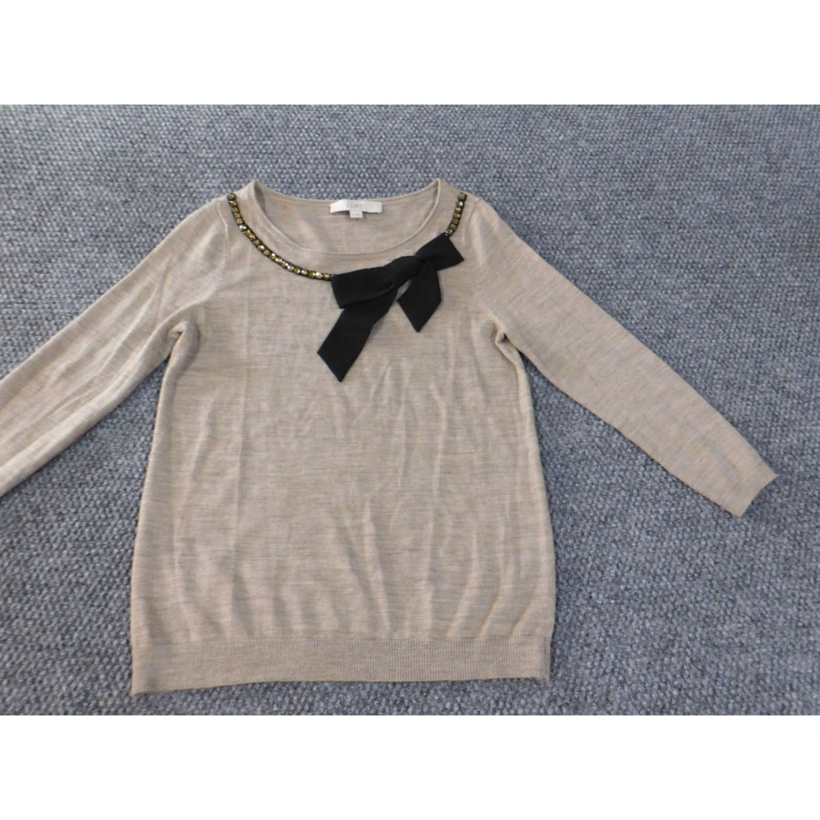Loft LOFT Sweater Small Beige Womens Beaded Rhinestone Wool Acrylic Pullover Round Neck Long Sleeve Knit Regular Size S Casual Modern Designer Fall Winter Size S / US 4 / IT 40 - 3 Thumbnail