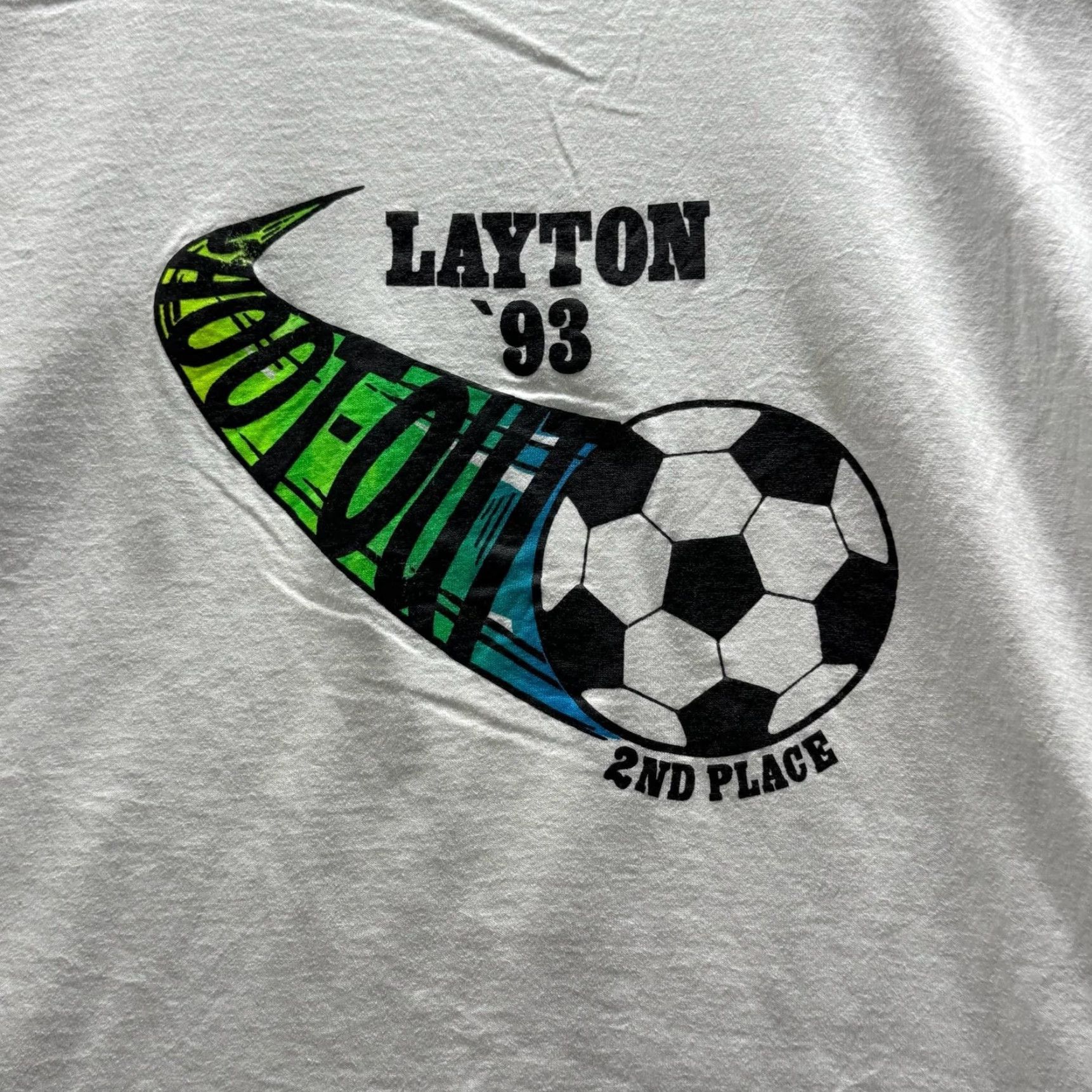 Vintage VINTAGE Shirt Mens L White Layton '93 Soccer 2nd Place Graphic Tee Crewneck 90s Size US L / EU 52-54 / 3 - 3 Thumbnail