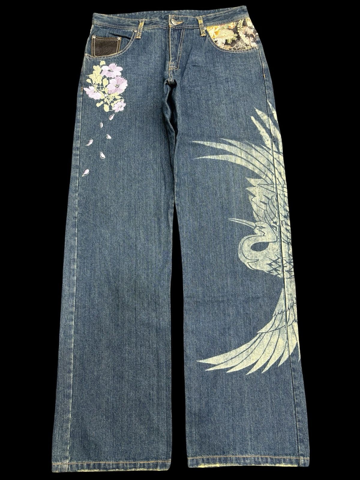 Japanese Brand 💥ART💥Gumu In Floral Embroided Flying Swan Print Denim F557 Size US 34 / EU 50 - 2 Thumbnail