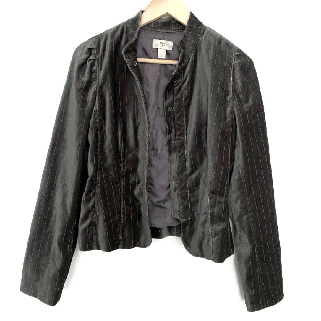 Ann Taylor VINTAGE Ann Taylor LOFT Womens Suit Jacket Gray Striped Hook And Eye Lined Mock Neck S/4 Size S / US 4 / IT 40 - 2 Thumbnail