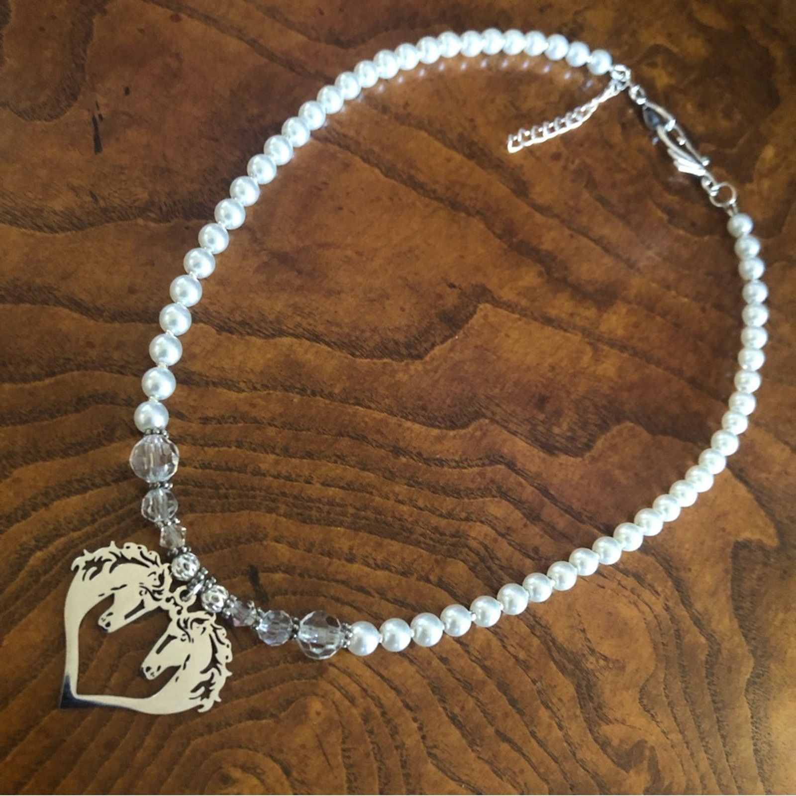 Handmade Handcrafted repurpose shiny silver horse love Pearl necklac Size ONE SIZE - 10 Thumbnail