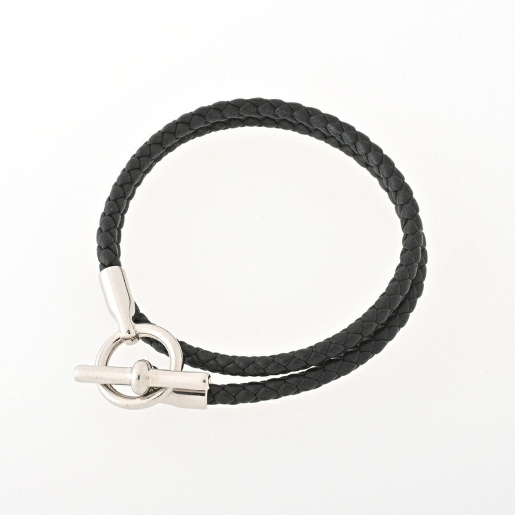 image of Hermes Leather Bracelet Grennan H Double Tour Swift Black Silver S-155267, Women's