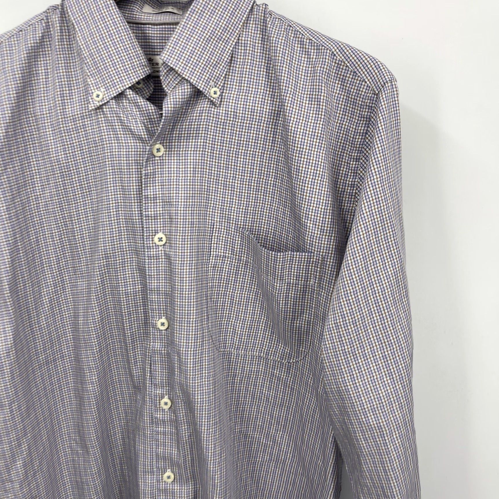 Peter Millar Peter Millar Men's Shirt Casual Business Plaid Button-Down Gingham Cotton Silk, Medium, Blue Size US M / EU 48-50 / 2 - 6 Thumbnail