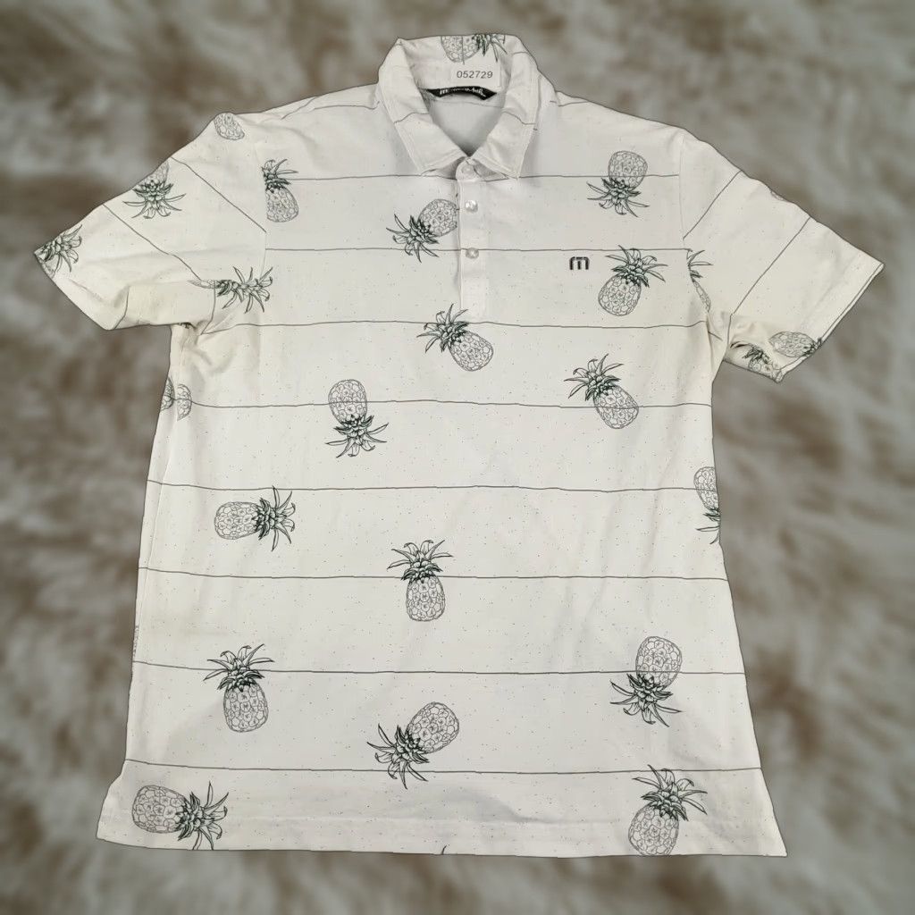 TravisMathew Travis Mathew Polo Shirt Mens L White Striped Golf Short Sleeve Shirt, Button Collar, Cotton Blend, Regular Fit, Preppy Sports Style Size US L / EU 52-54 / 3 - 1 Thumbnail