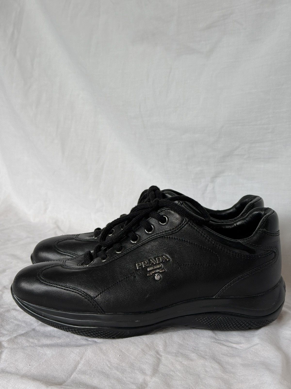 Prada Prada Black Leather Low Top Sneakers Metal Logo Size US 5.5 / IT 35.5 - 2 Thumbnail