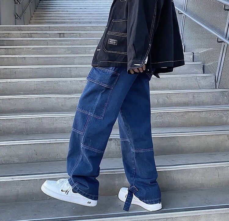 Jean Dark Blue Cargo jeans Wide Leg Denim Loose Straight Baggy Size US 38 / EU 54 - 3 Thumbnail
