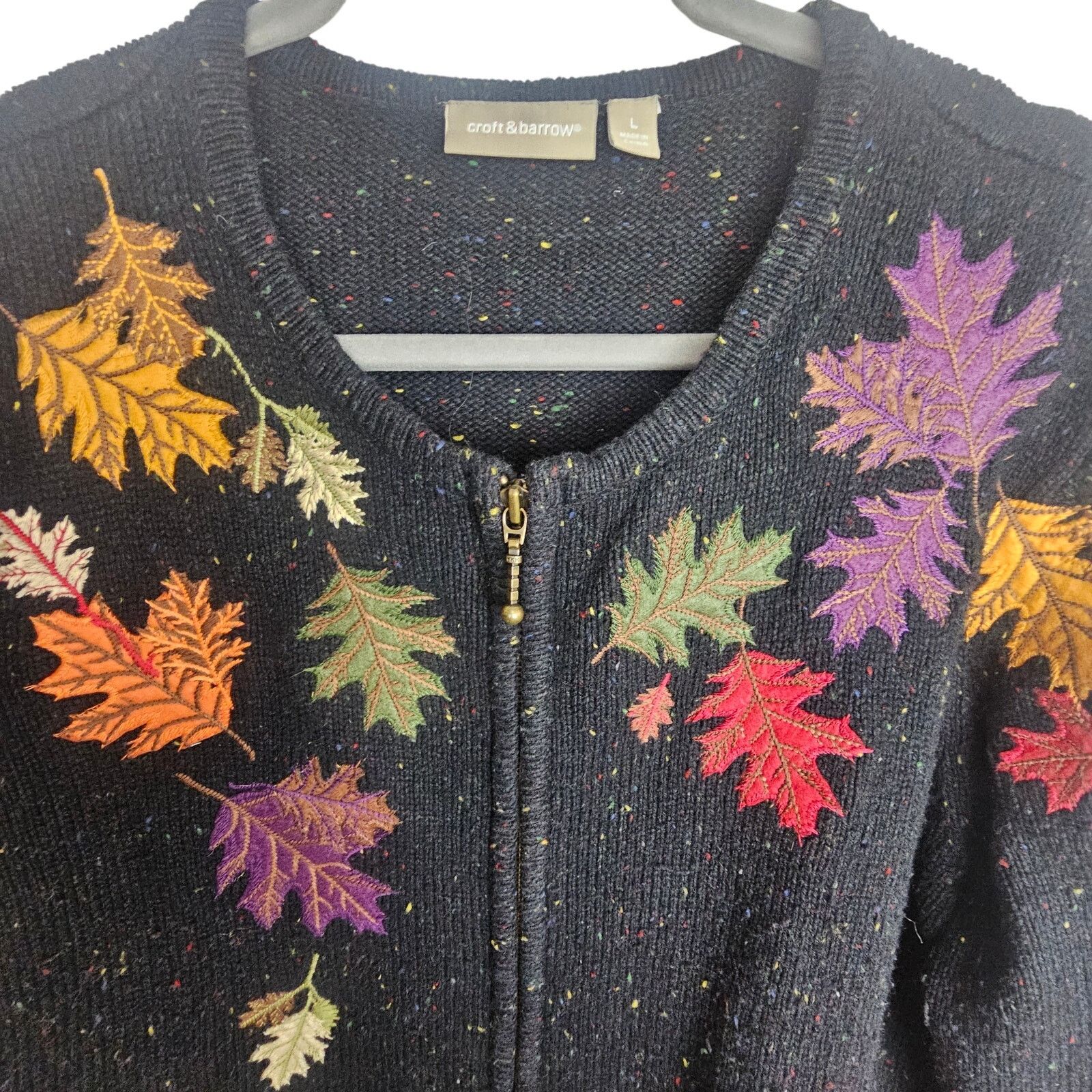 Croft & Barrow Croft & Barrow Womens Embroidered Silk Leaf Full Zip Sweater Size L / US 10 / IT 46 - 2 Thumbnail