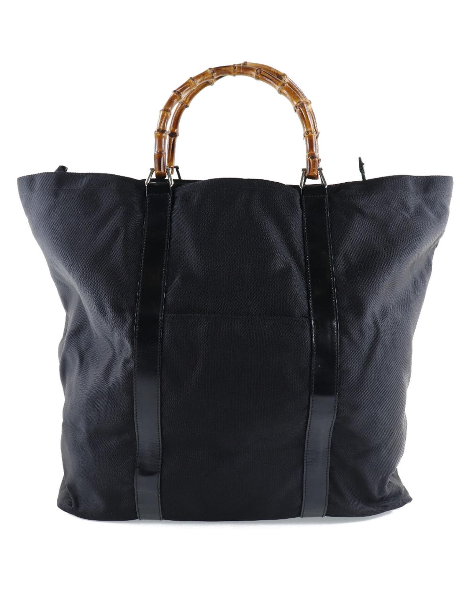 image of Gucci Black Nylon Tote Bag With Bamboo Handles, Women's