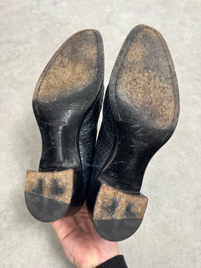 Miu Miu Miu Miu Dark Navy Crocodile Embossed Leather Chelsea Boot Brogue Size US 5.5 / EU 38 - 5 Thumbnail