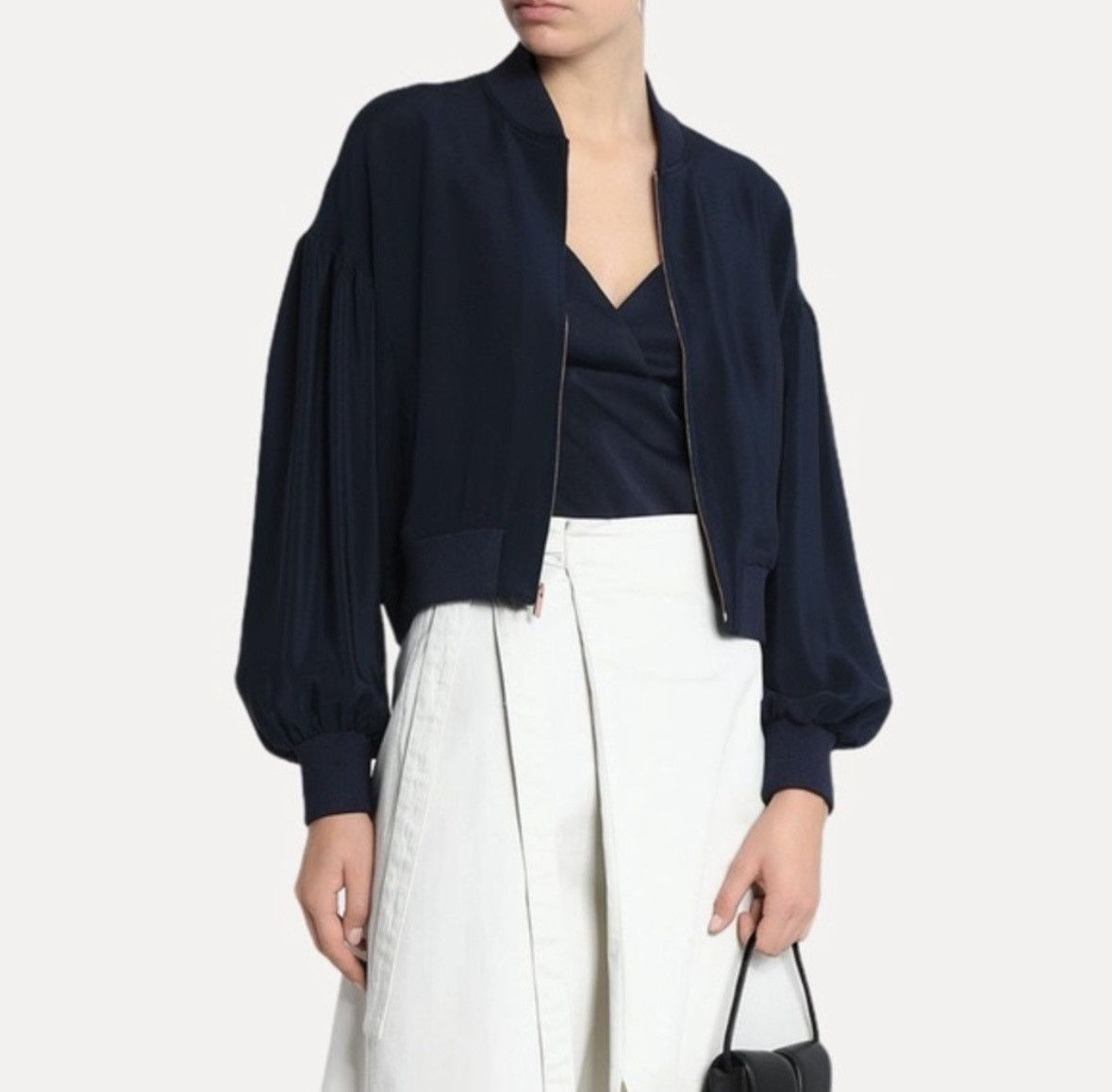 image of Tibi Ballon Sleeve Bomber Jacket in Navy, Women's (Size XS)