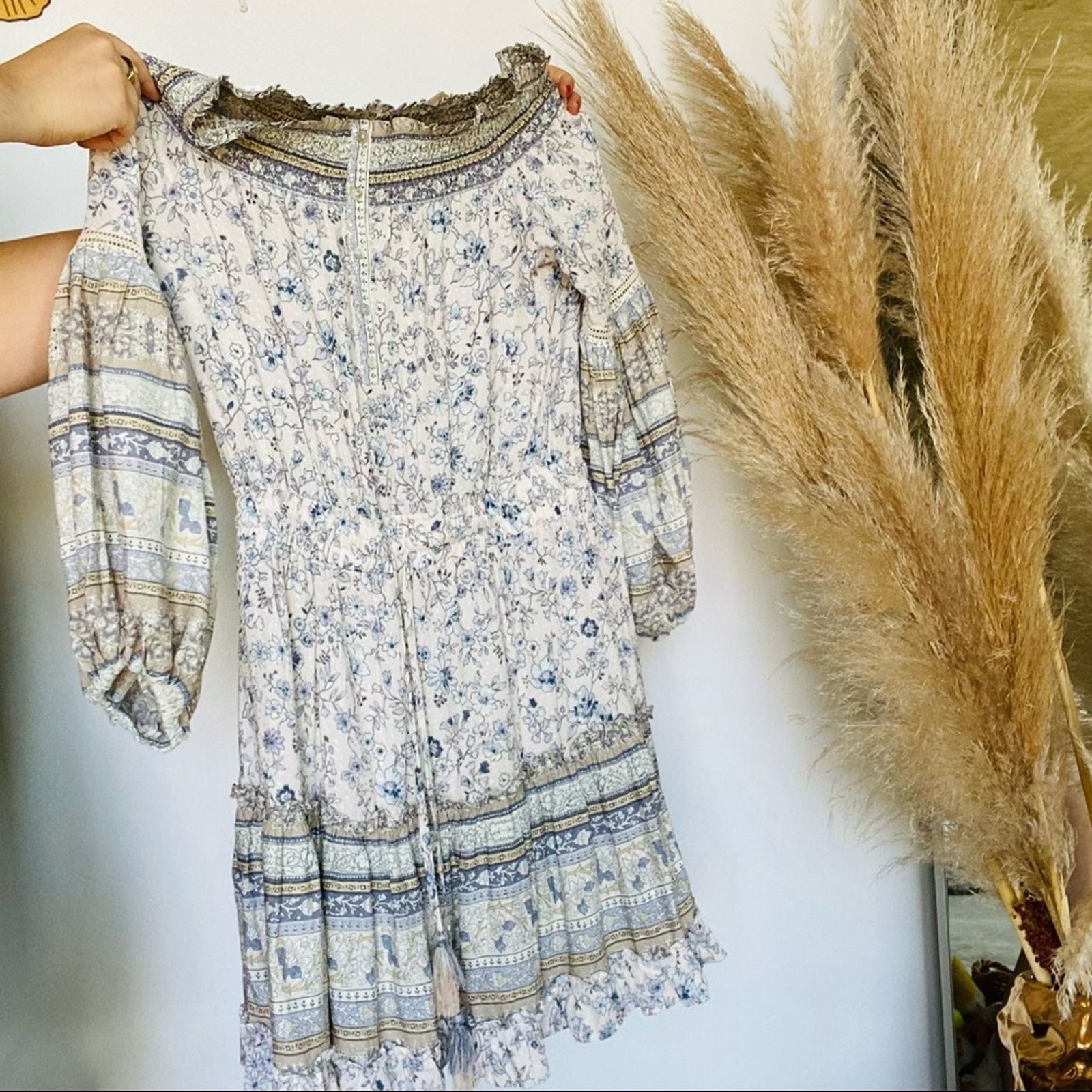 Anthropologie LOVESTITCH Blue White Floral Striped Boho Peasant Mini Dress Size S / US 4 / IT 40 - 5 Thumbnail