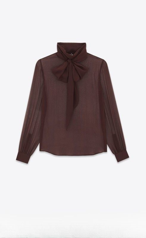 Saint Laurent Paris oc11z1025 Lavalliere Neck Blouse In Crepe Muslin in Brown Size M / US 6-8 / IT 42-44 - 1 Thumbnail