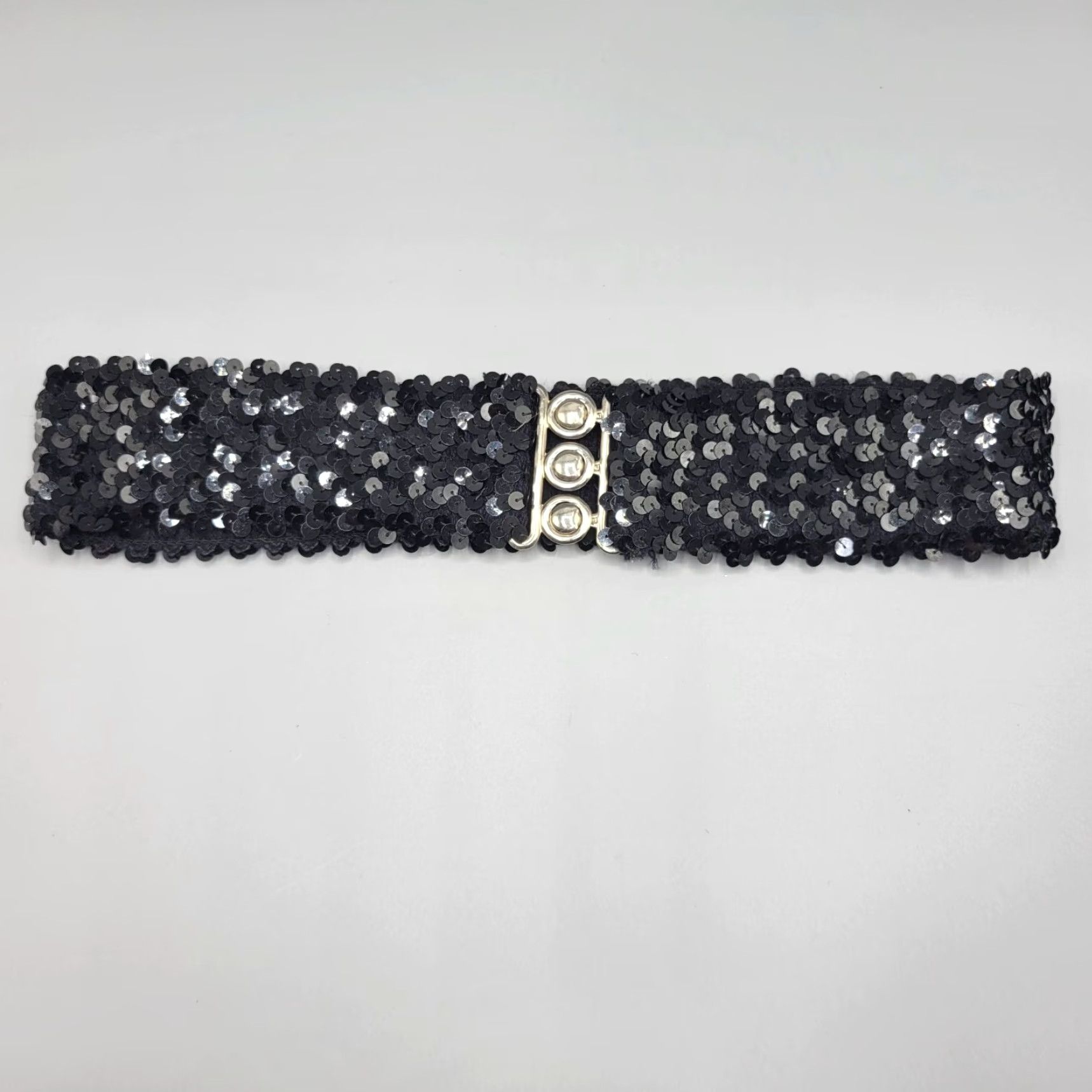 Vintage VINTAGE Black Sequin Elastic Stretch Belt Metal Clasp Closure Women One Size Black Womens Belt Sequin Stretch Size ONE SIZE - 3 Thumbnail