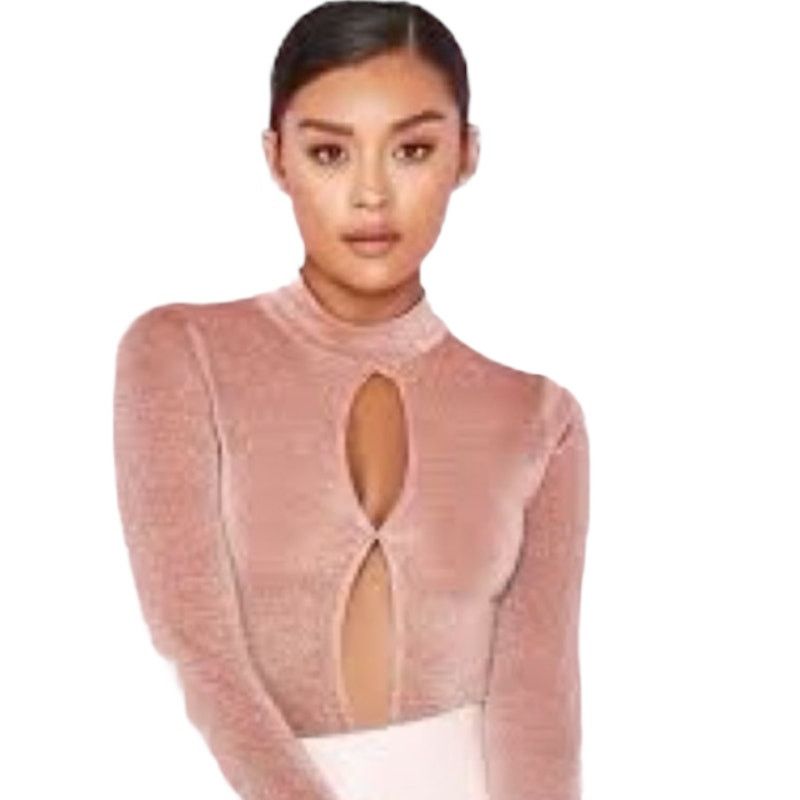 House of CB House of CB metallic bodysuit top pink keyhole mock neck Size XS / US 0-2 / IT 36-38 - 2 Thumbnail