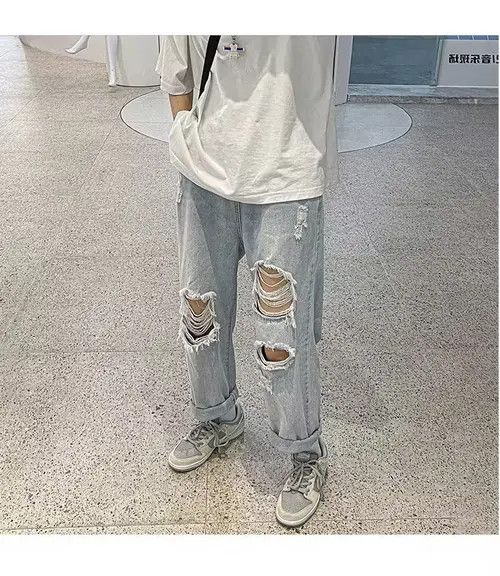 Streetwear Light Blue Hole Jeans for Men Summer Fashion | Grailed