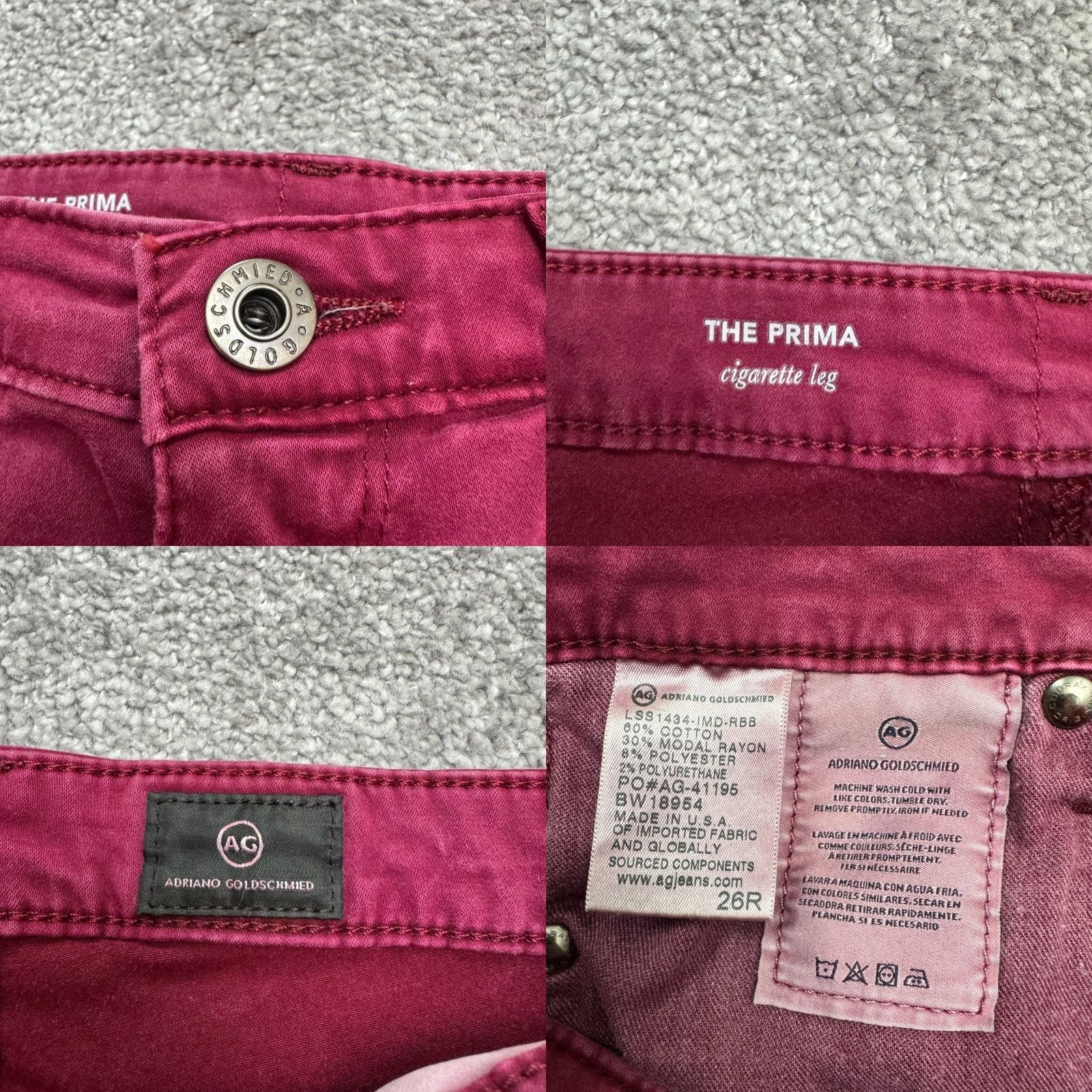 Denime AG Adriano Goldschmied The Prima Cigarette Leg Jeans Womens 26R Burgundy Denim Cigarette Leg Regular Stretch Pocket 5-Pocket Size 26" / US 2 / IT 38 - 8 Thumbnail
