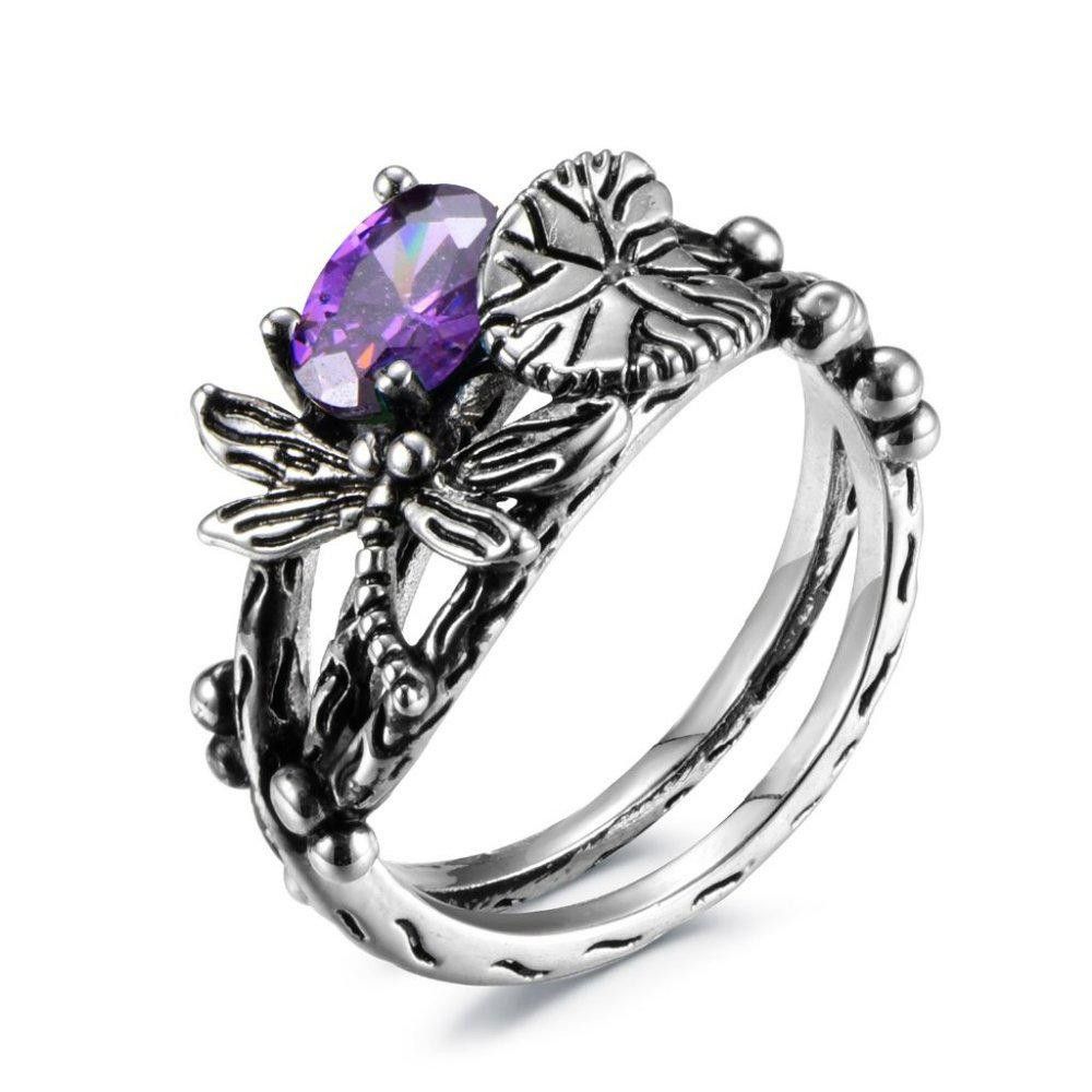 Designer Retro Vintage Leaf Dragonfly Purple Crystal Silver Ring Size ONE SIZE - 3 Thumbnail