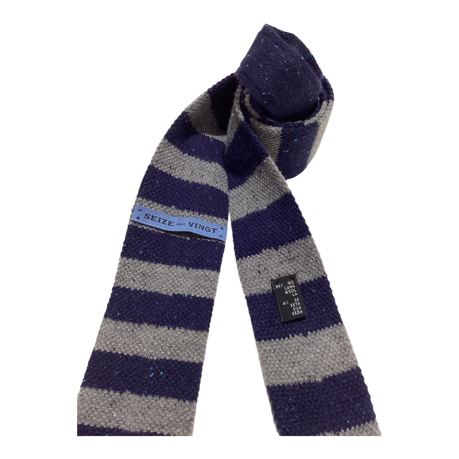 Seize sur Vingt SEIZE SUR VINGT Blue & Gray Horizontal Striped Wool Knit Tie Size ONE SIZE - 3 Thumbnail