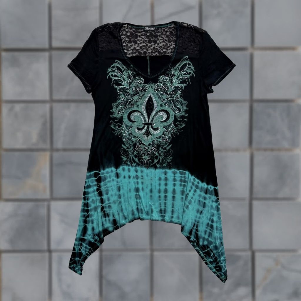 Altea Vocal Shirt Womens M Black Teal Fleur De Lis Rhinestone Tunic Top USA Shirt Womens M Black Teal Rhinestone Tunic Top USA Size M / US 6-8 / IT 42-44 - 1 Thumbnail