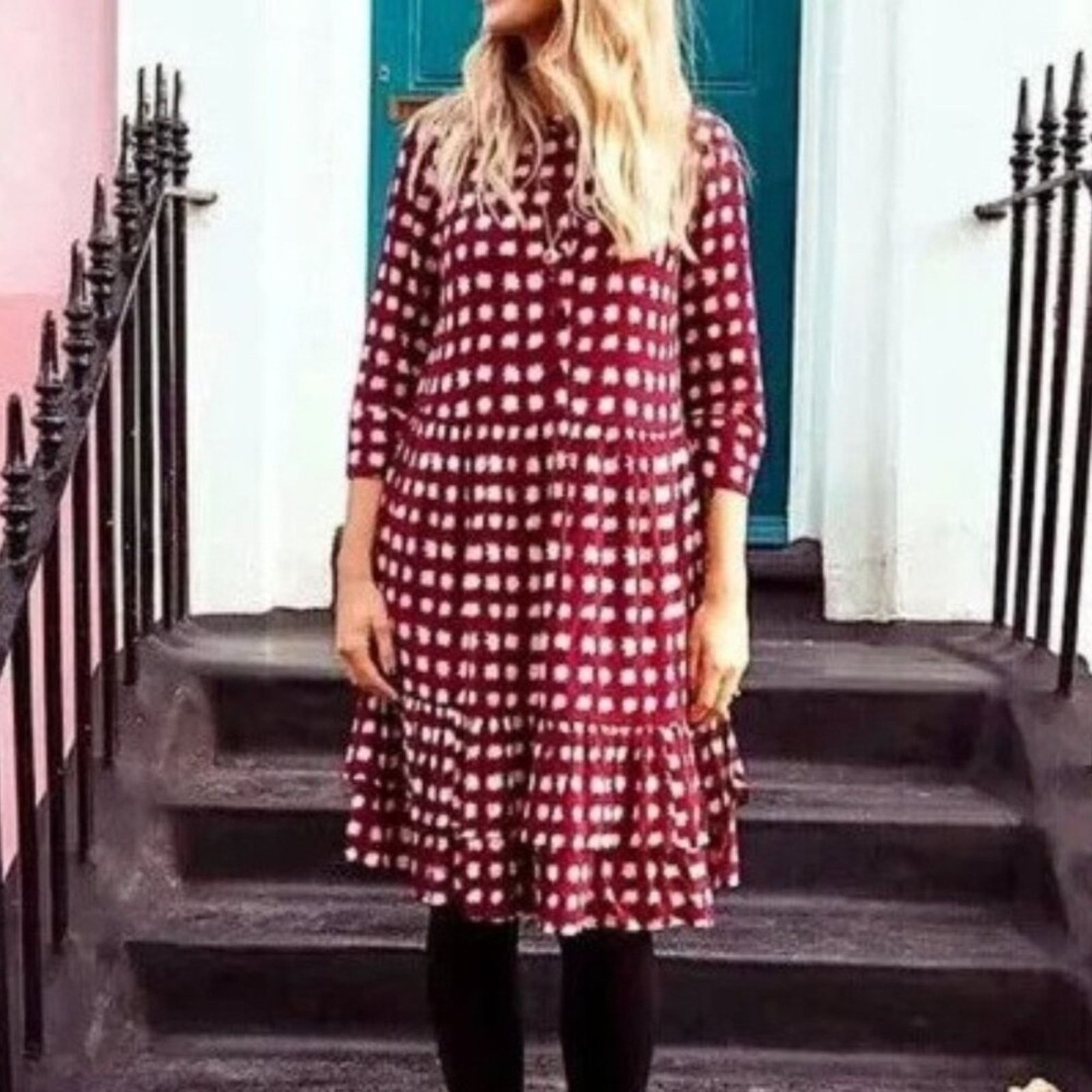 Boden Boden Brand Relaxed Tiered Hem Dress Burgundy Starburst 2P Size XS / US 0-2 / IT 36-38 - 2 Thumbnail