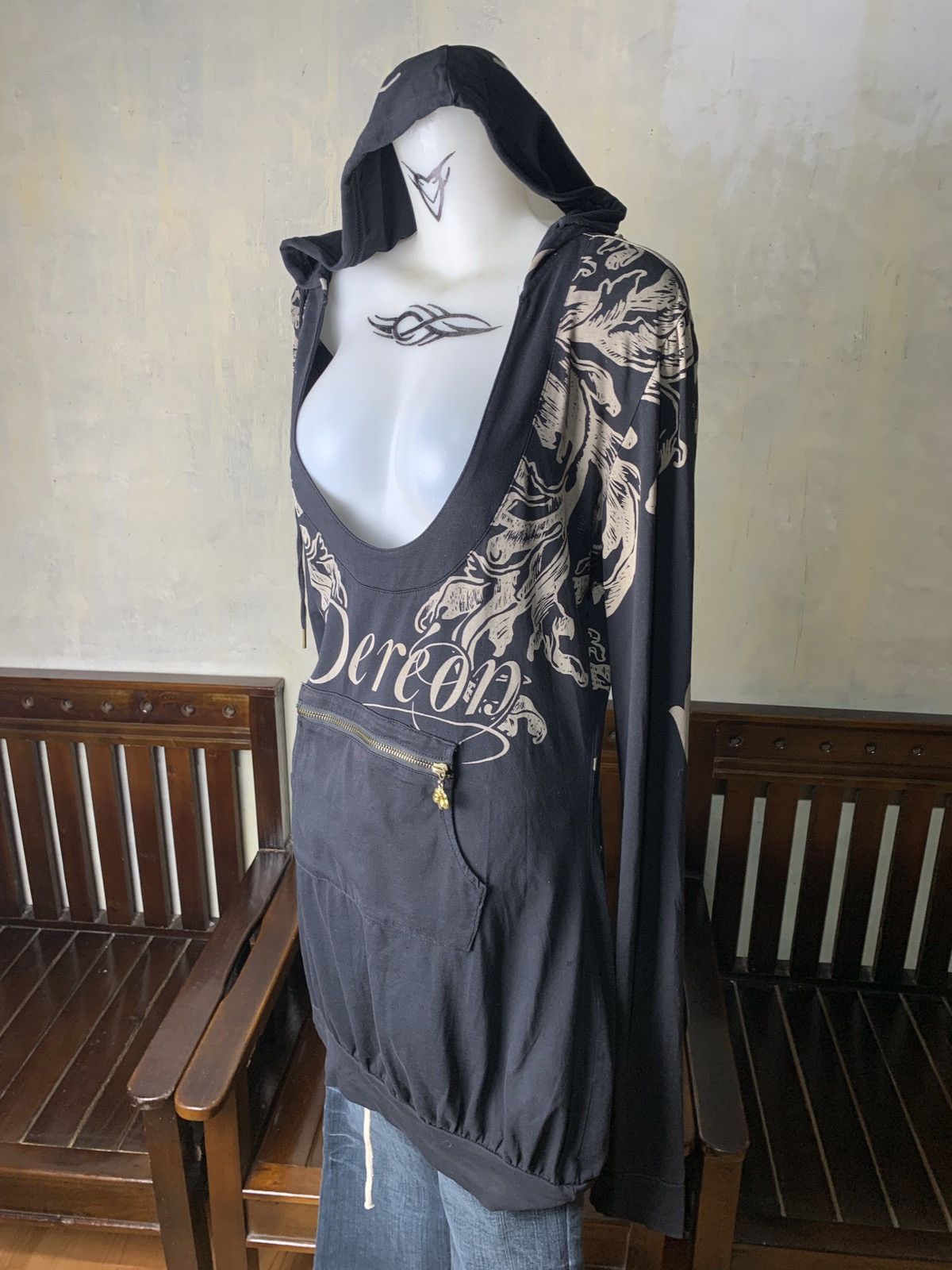 Japanese Brand y2k Dereon Black Grunge Over Print Open Chest Hoodie Size L / US 10 / IT 46 - 3 Thumbnail