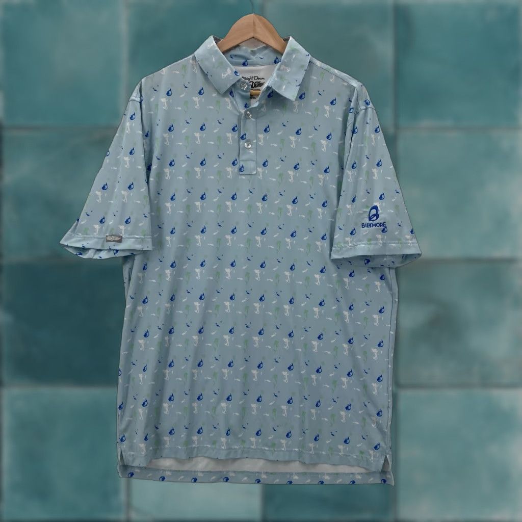 Vintage Straight Down Polo Shirt Mens L Blue Mermaid Print Golf Stretch Size US L / EU 52-54 / 3 - 1 Thumbnail