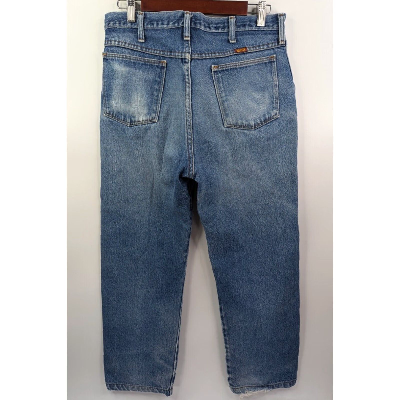 Denime Rustler Jeans 32x28 Regular Straight Denim Jeans Mens Blue Distressed Vintage Workwear 90s Grunge Streetwear Size US 32 / EU 48 - 4 Thumbnail