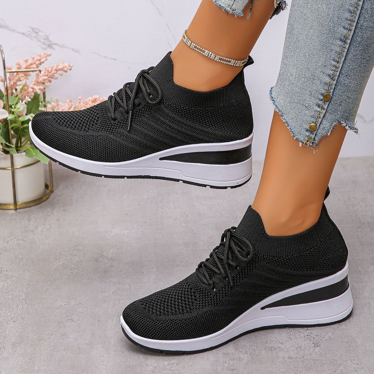 Other Trendy Treads Lace Up Wedge Athletic Shoes - Black - Size 9 Size US 9 / IT 39 - 4 Thumbnail