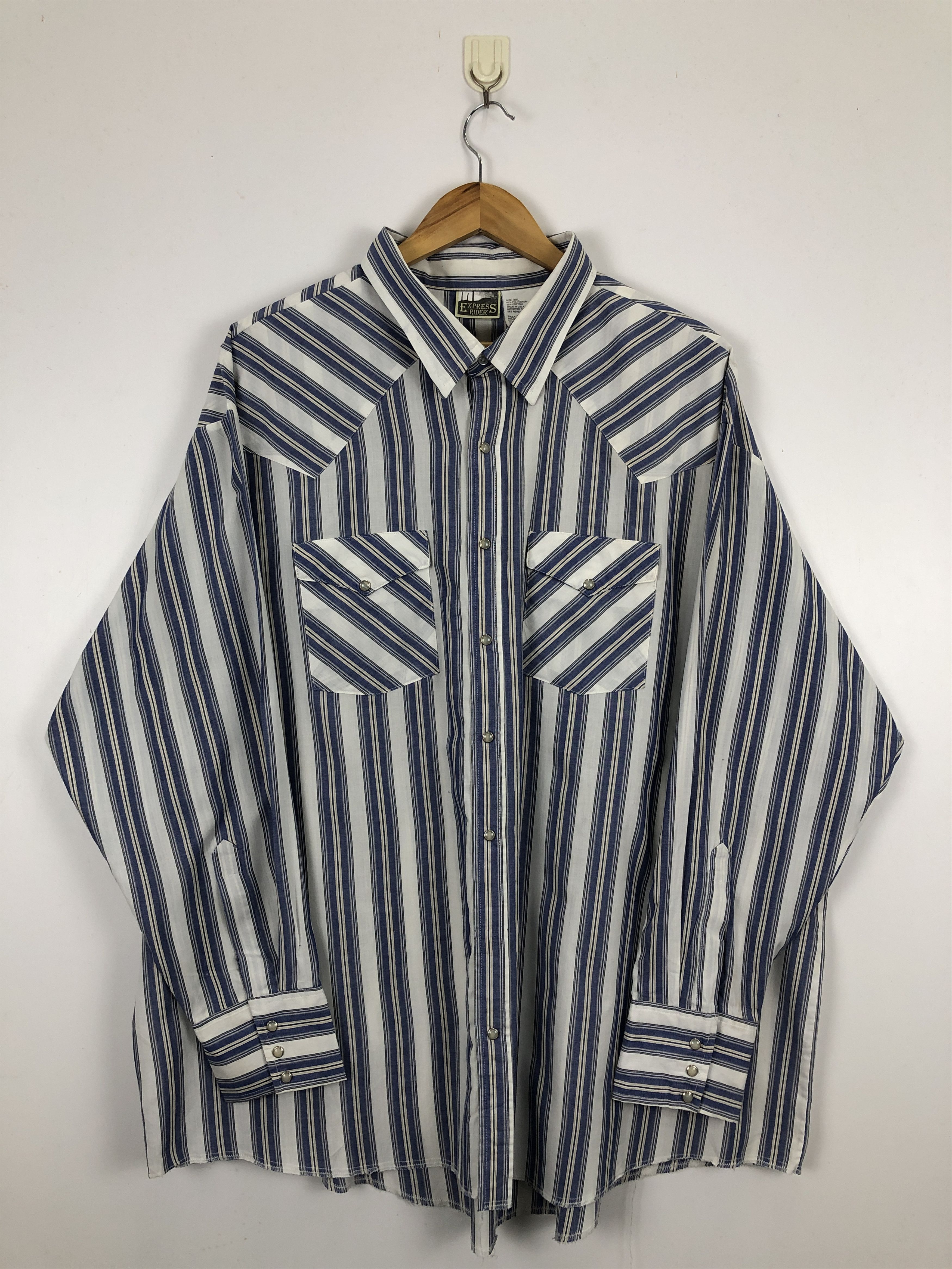 Japanese Brand × Vintage Vintage Japanese Brand Striped Button Up Denim Shirt TA0462 Size US XXL / EU 58 / 5 - 1 Thumbnail