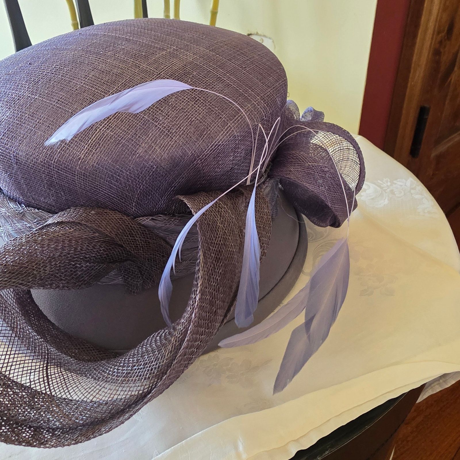 NWT Elite Champagne gray cloche, ribbon bows and feathers