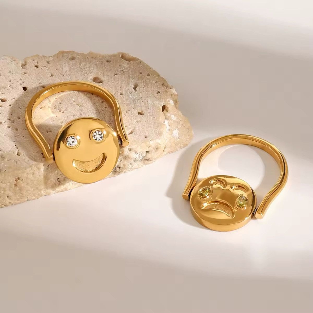 Designer × Jewelry Set of 2 Smiley Face Minimalist Stainless Steel Cute Rings Size ONE SIZE - 3 Thumbnail
