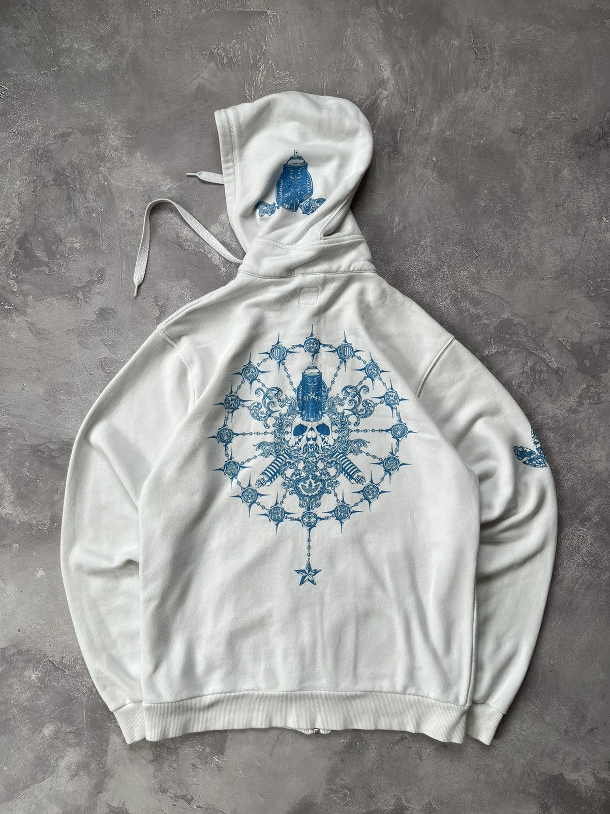 Vintage 00s Adidas Zip Up Hoodie White Skull Graffiti Print