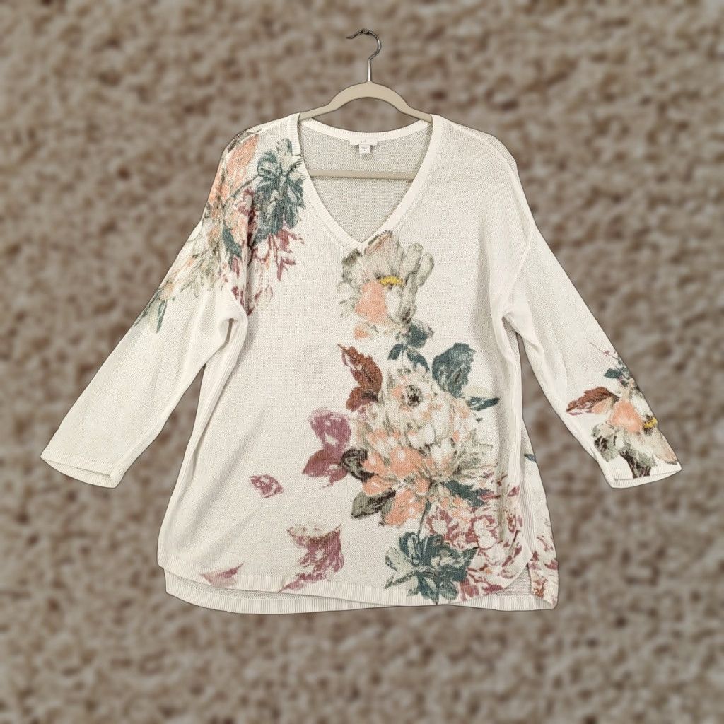 J. Jill J. Jill Linen Top Womens Medium White Floral Knit Sheer Pullover Blouse Tunic Size M / US 6-8 / IT 42-44 - 1 Thumbnail
