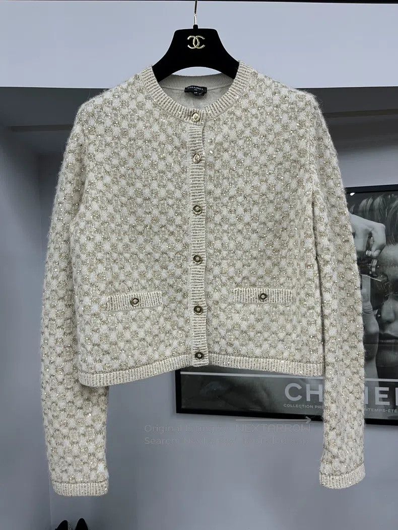 Chanel 23B white gold sequin knitted cardigan coat