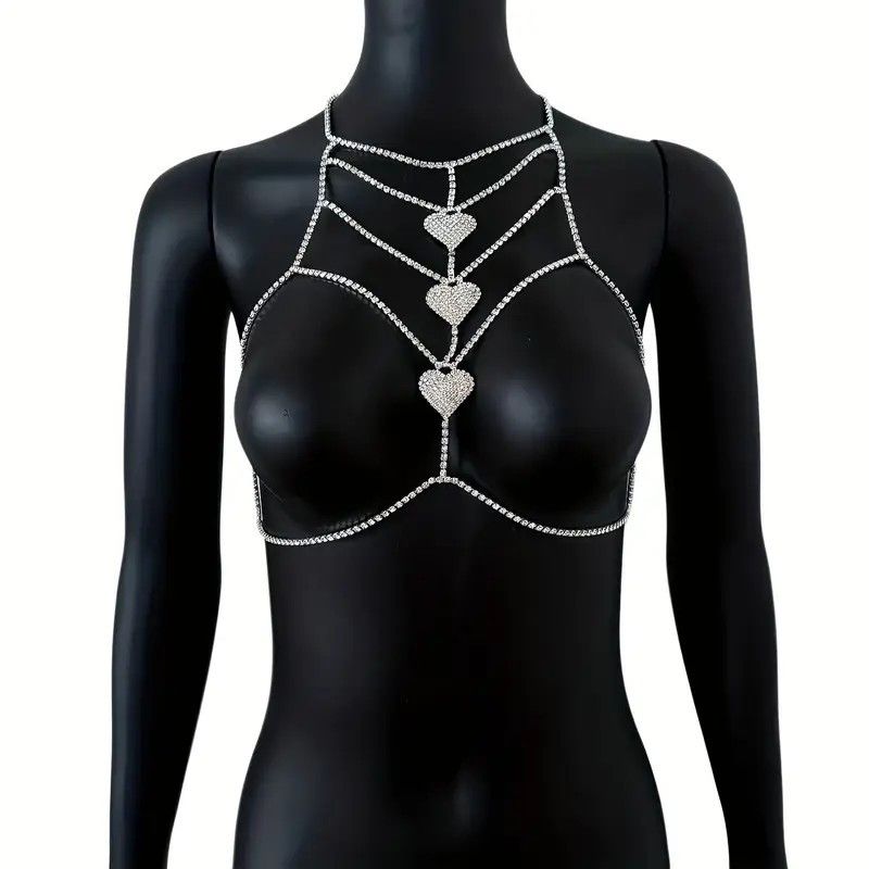 Other Silver Sexy Rhinestone Heart Body Chain Bra Festival Jewelry Size ONE SIZE - 3 Thumbnail