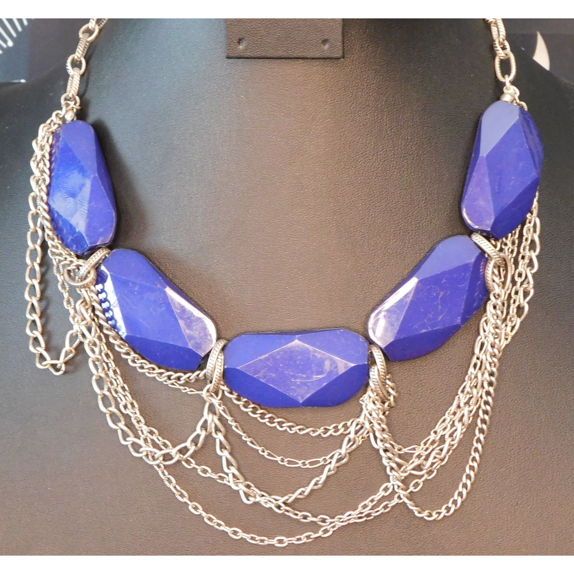 Other Chunky Blue Abstract Necklace With Silver Tone Chains Size ONE SIZE - 1 Thumbnail