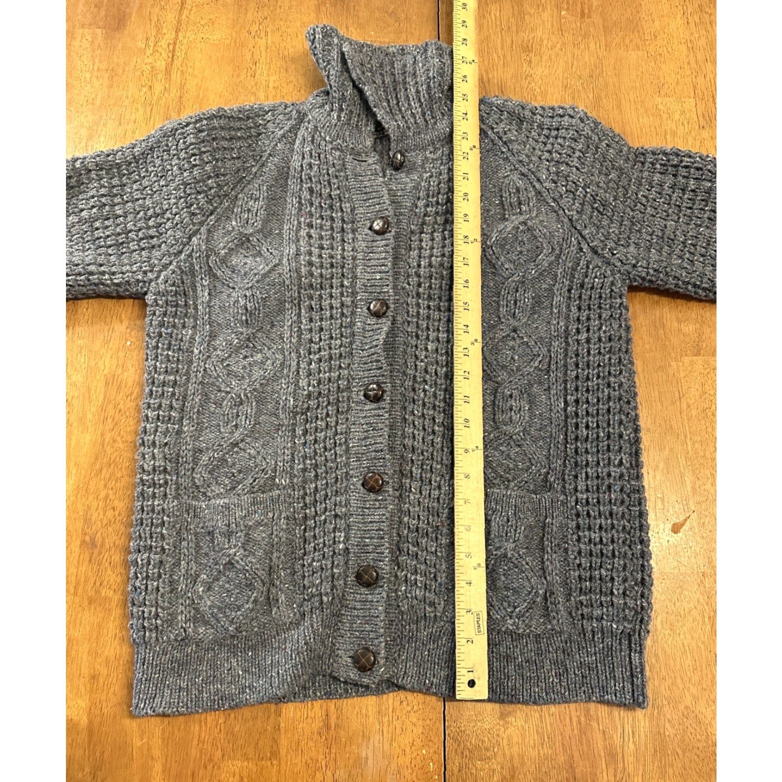 VINTAGE Cornel Cardigan Sweater Women L Wool Blue Chunky-Knit Fisherman Looked In Donegal - 45?