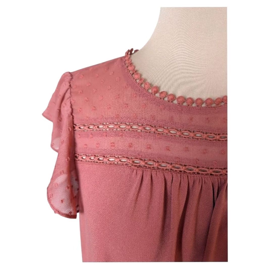 Vintage Dusty Rose Swiss Dot Short Flutter Sleeve Blouse Top Crochet Lace Trim Size M Womens Blouse Crochet Lace Pink Chiffon Solid Bohemian Vintage No Size M / US 6-8 / IT 42-44 - 4 Thumbnail
