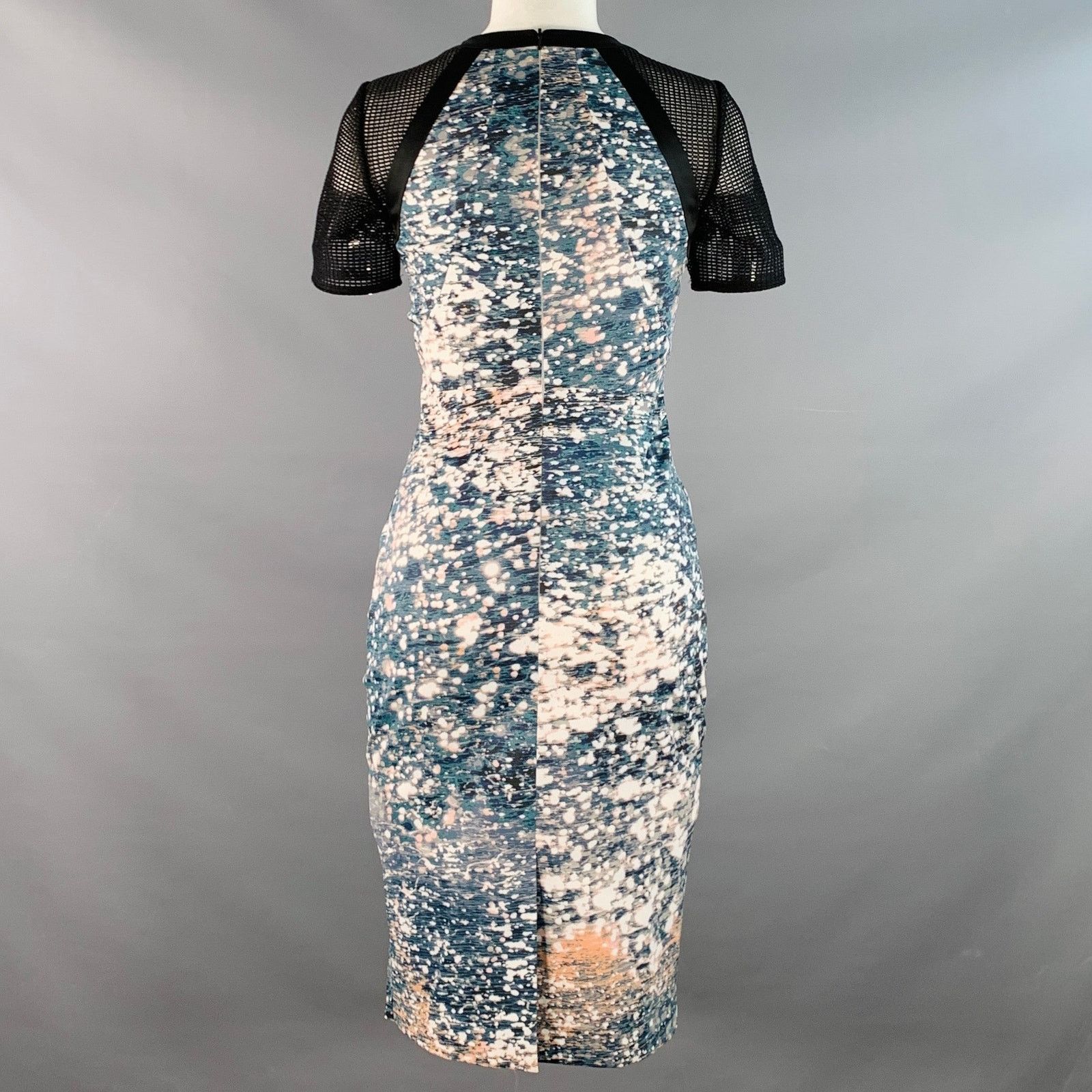 Karen Millen Black Green White Acetate Blend Abstract Mesh Sleeves Dress Size S / US 4 / IT 40 - 4 Thumbnail