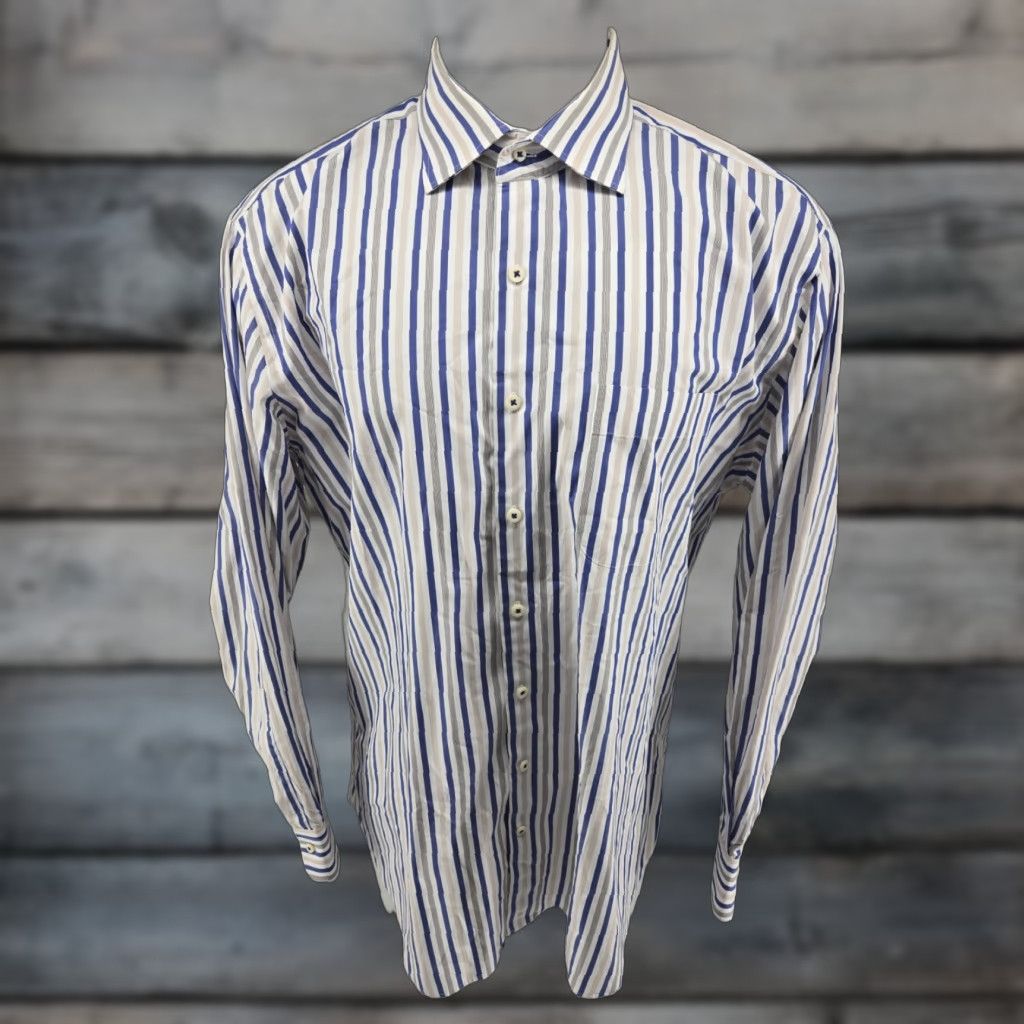 Peter Millar Peter Millar Button-Up Shirt XL Men's Long Sleeve White Blue Striped Casual Dress Shirt Size 46R - 1 Thumbnail