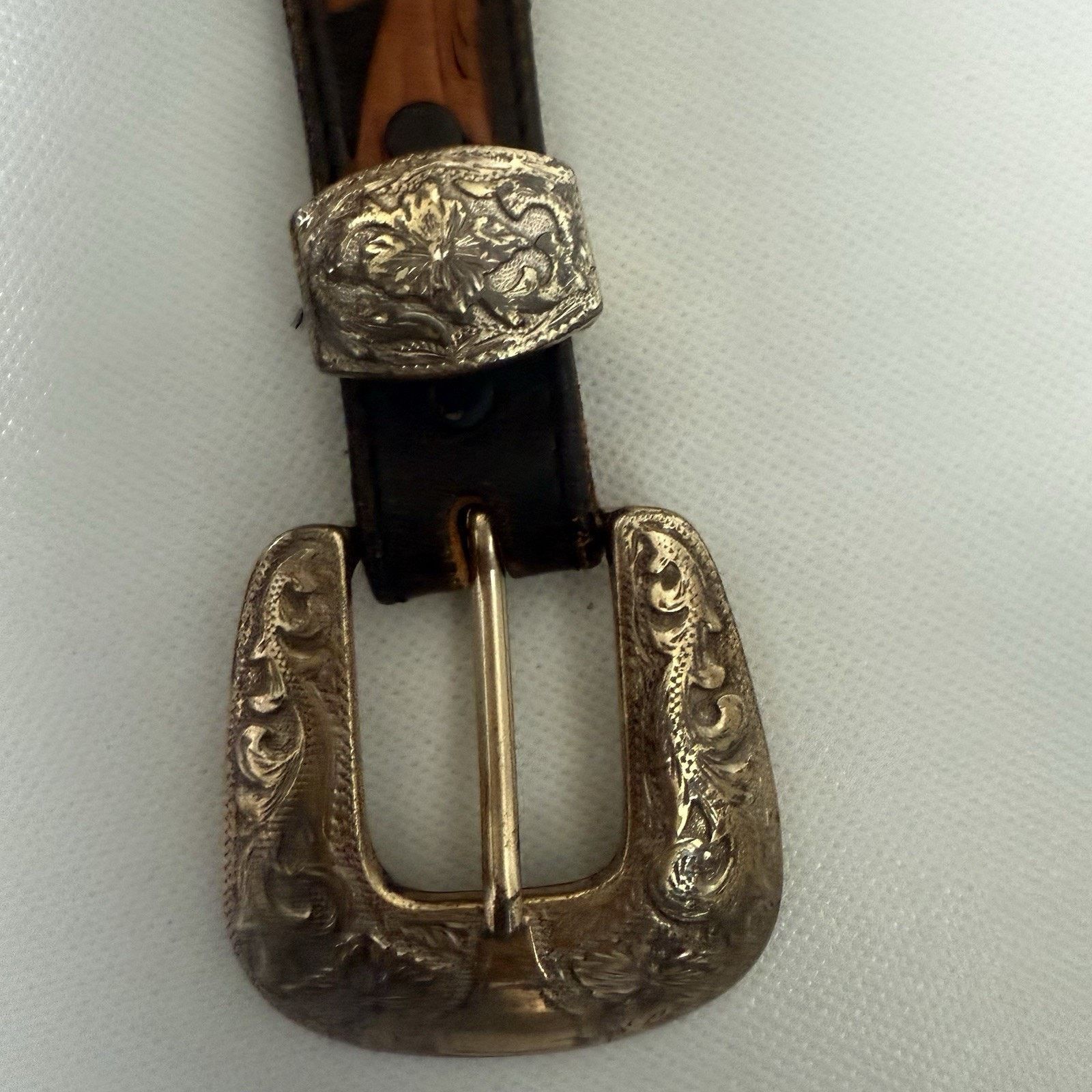 Tony Lama Vintage Belt Hand Tooled Buckle Western Leather Inlay Cowboy Size 32 - 4 Thumbnail