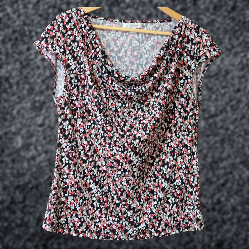 Liz Claiborne LIZ CLAIBORNE Short Sleeve Stretch Blouse Cowl Neck Size L Multicolor Polyester/Spandex Womens Blouse Shirts 21" Bust 24.5" Length Size L / US 10 / IT 46 - 1 Thumbnail