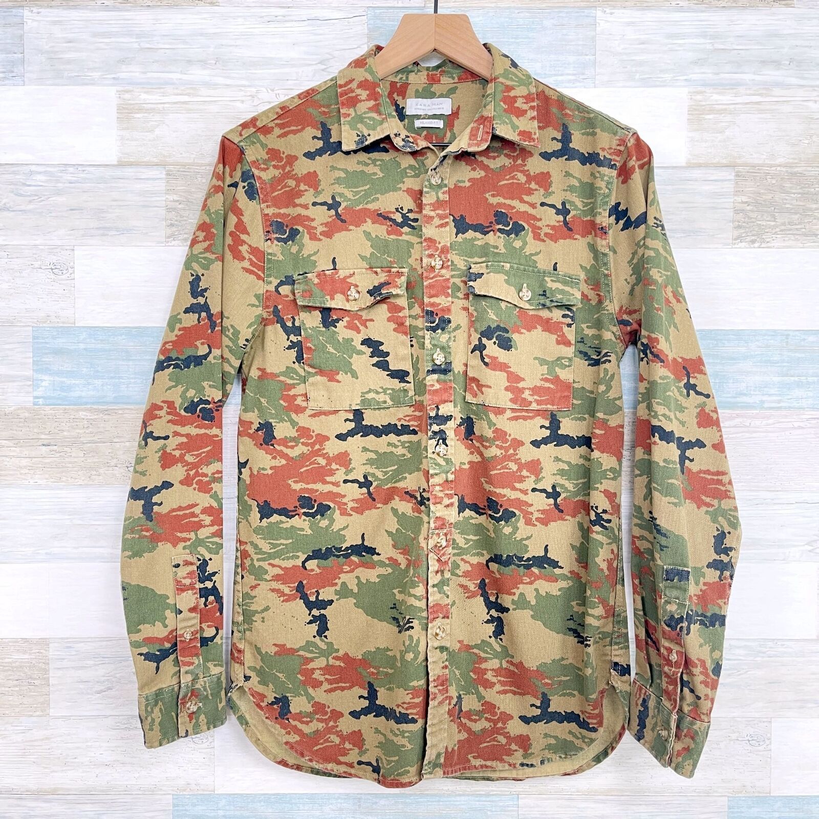 Zara Zara Man Camo Denim Shirt Brown Embroidered Tiger Mens S Size US S / EU 44-46 / 1 - 1 Thumbnail