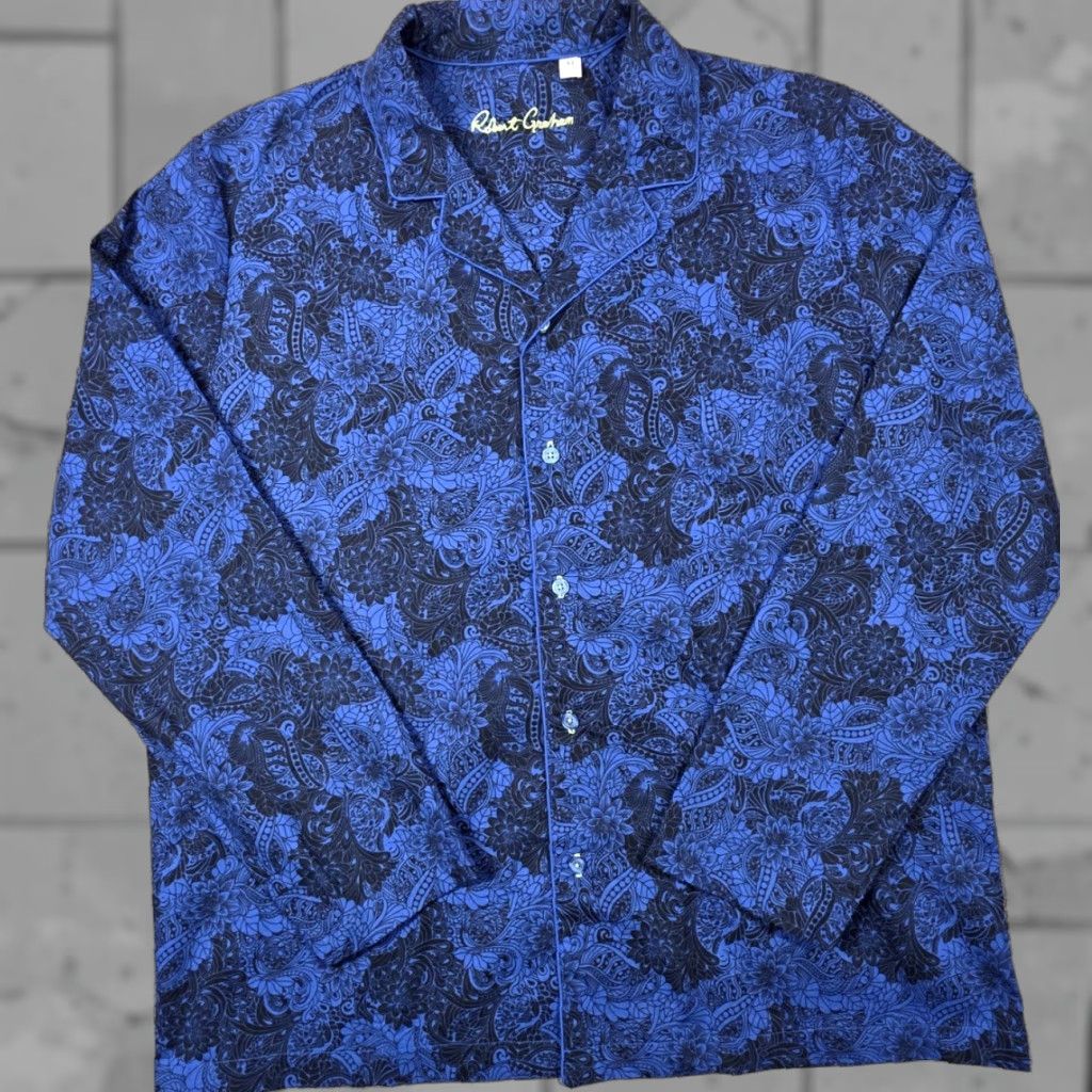 Robert Graham Robert Graham Pajama Top Shirt XL Cotton Button Up Royal Blue & Black Floral AOP Paisley Modern Sleepwear Men Size US XL / EU 56 / 4 - 1 Thumbnail