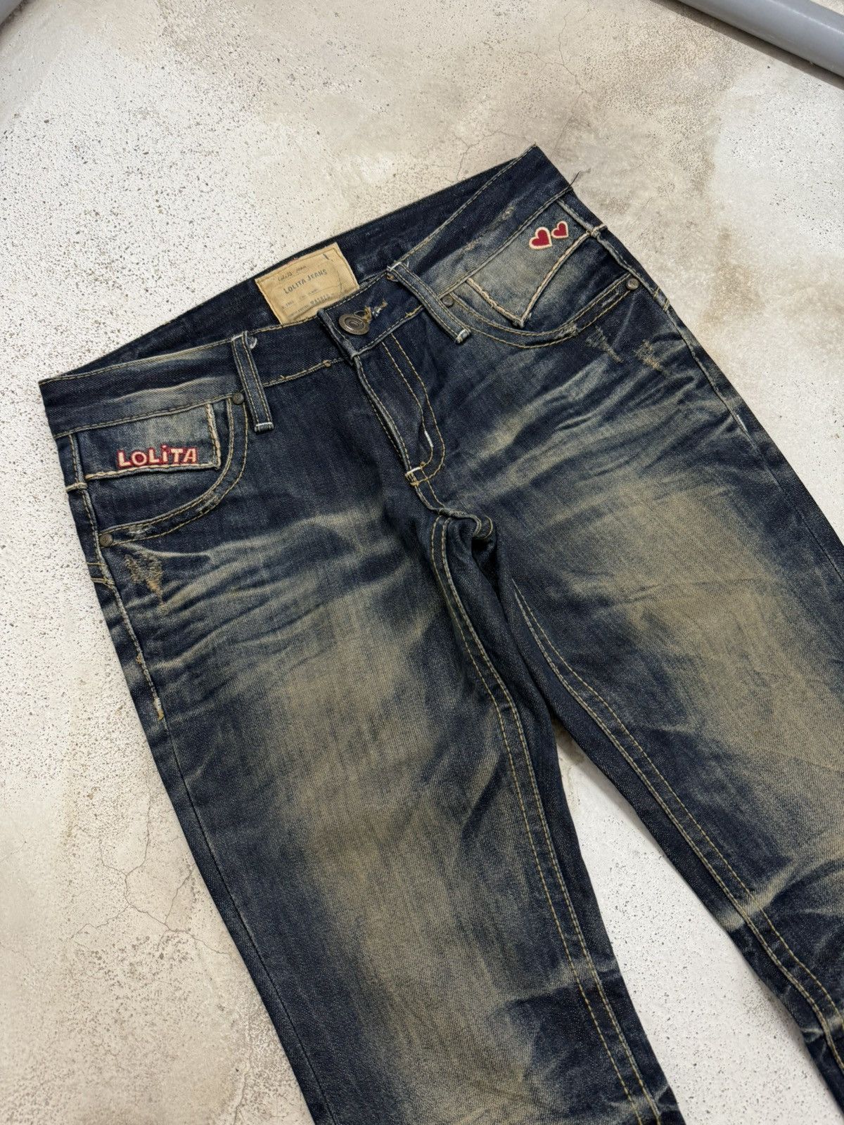 Japanese Brand Lolita Dark Mudwash Whisker Embroidery Flare Denim Pants Size US 27 - 3 Thumbnail