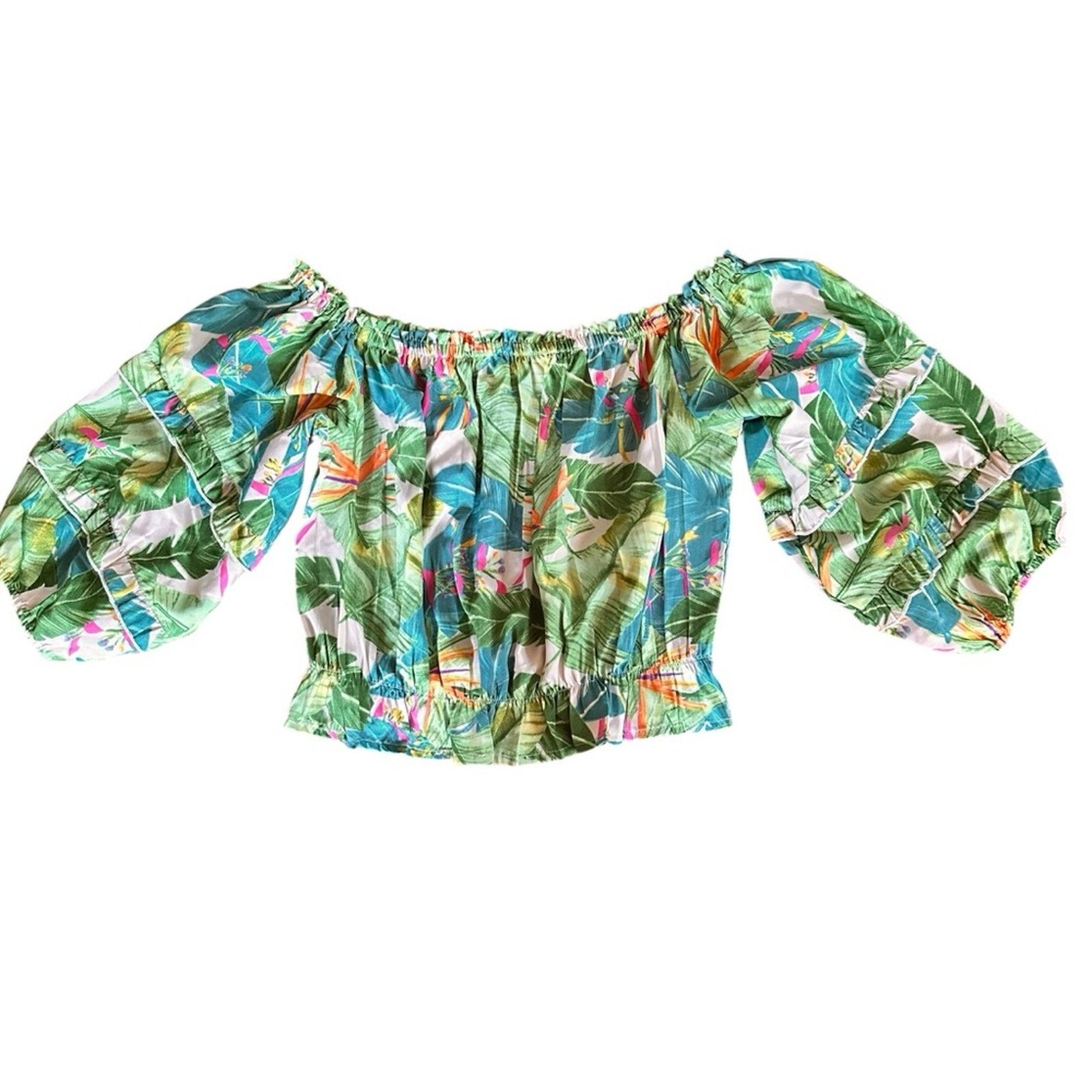 Rachel Zoe Rachel Zoe Tropical Off-the-Shoulder Crop Blouse Green/Blue Size M / US 6-8 / IT 42-44 - 1 Thumbnail