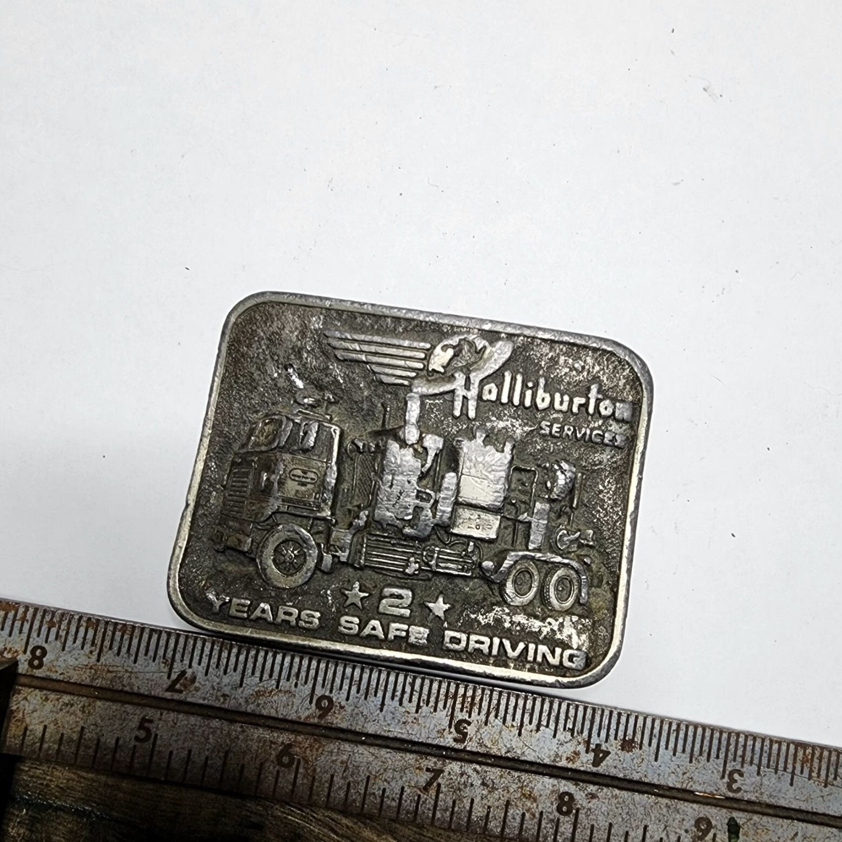 Vintage VINTAGE Halliburton Pumper Truck Belt Buckle Mens 2 Years Safe Driver Gray Halliburton Occupational 1980s Size ONE SIZE - 3 Thumbnail