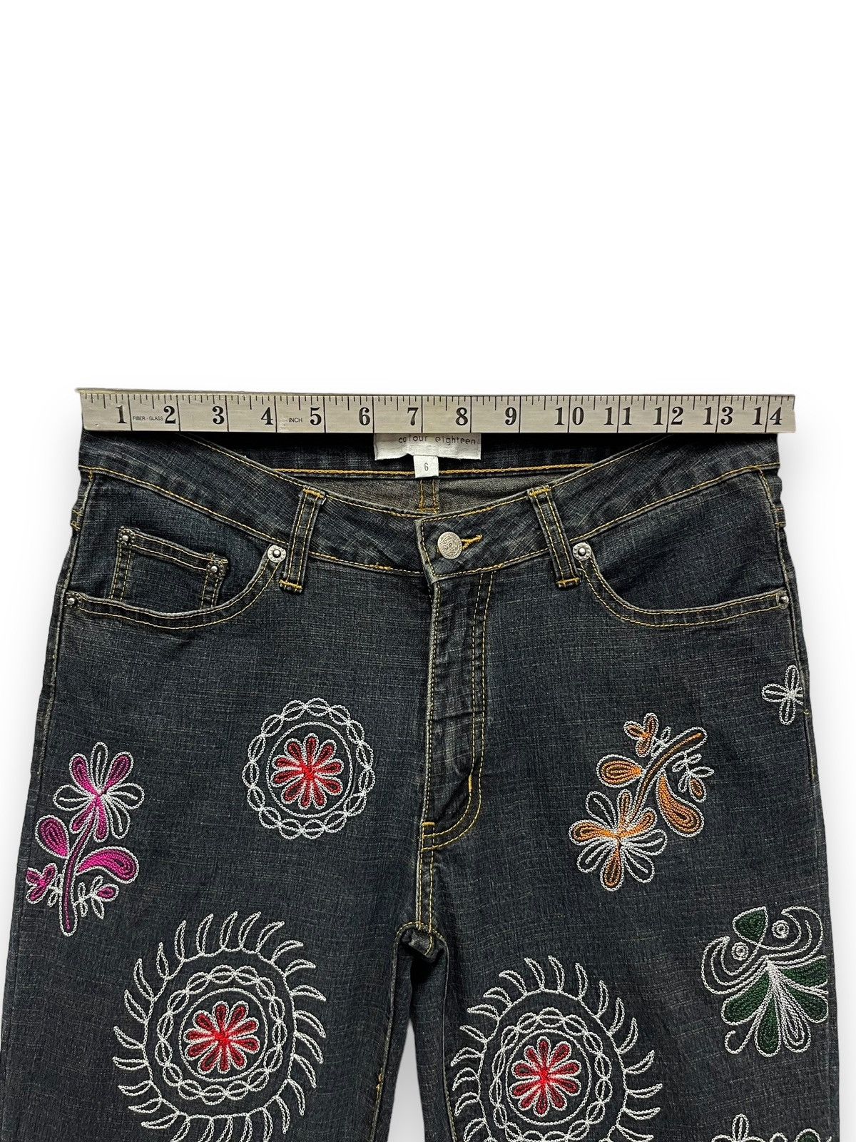 Colours × Japanese Brand 🌸Hippie EMBROIDERY Stretch Denim Flare Murakami Style Size US 28 / EU 44 - 8 Thumbnail