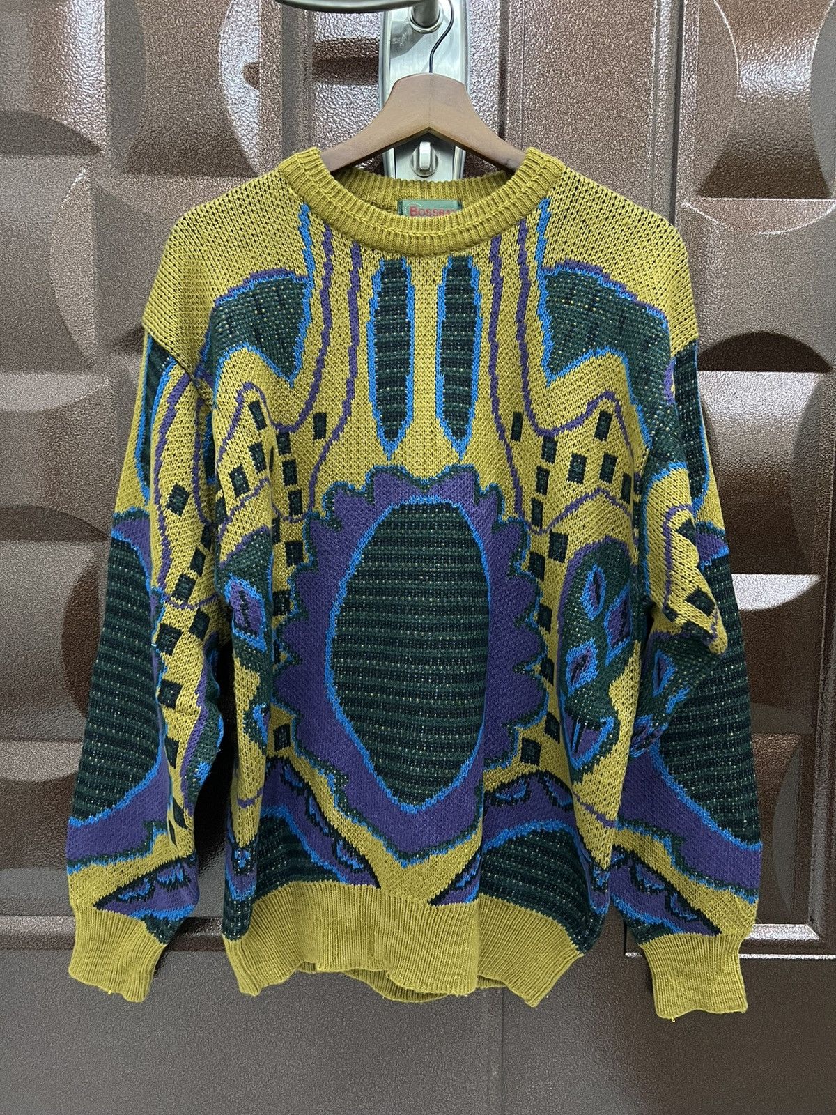 Vintage Intarsia 90s Coogi Style Knit Sweater Bold Geometric